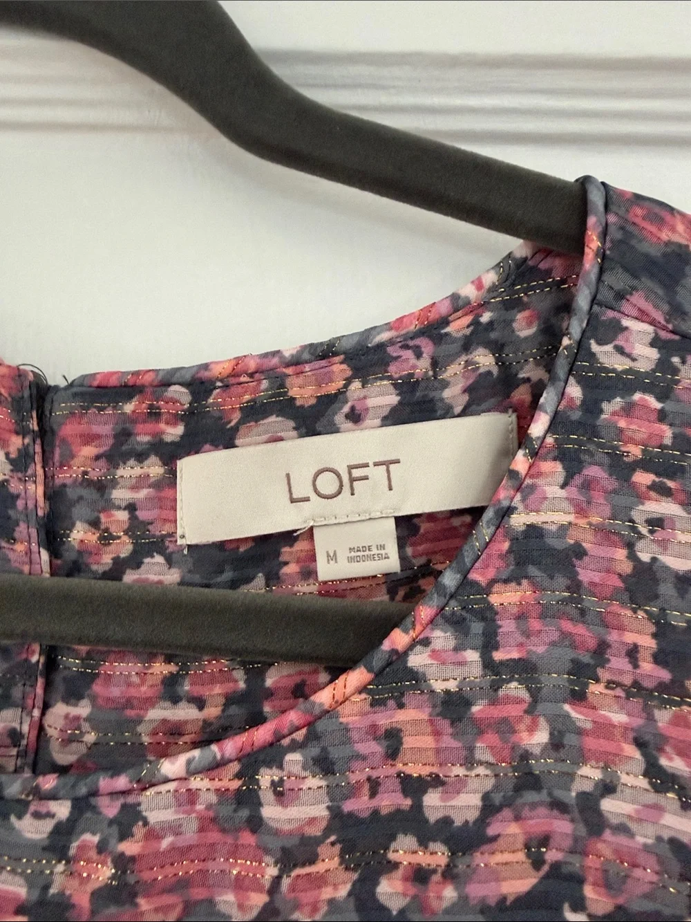 LOFT Navy and Pink Floral Pleated Long-Sleeve Blouse
